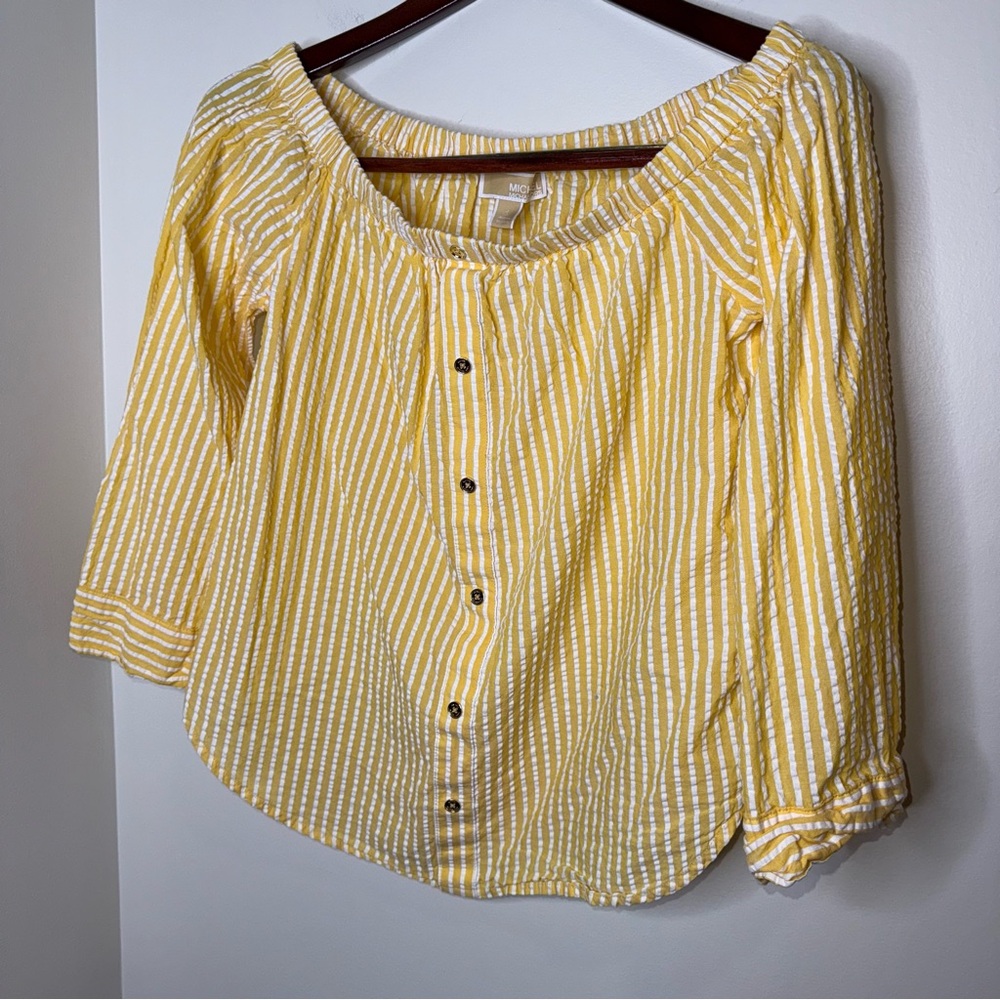 MICHAEL Michael Kors Yellow Striped Off the Shoulder Blouse - Picture 4 of 6